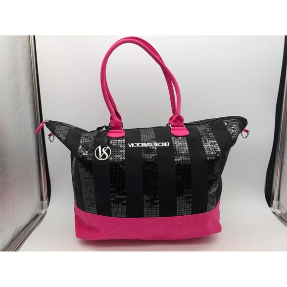 Victoria's Secret Handbags - Victoria's Secret Black Pink Sequin Stripe Canvas Tote Bag Large Zip Top Charm